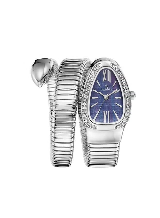 A women's watch with a "snake" design from Louis Nice, featuring a water-resistant case and mother-of-pearl dial, inspired by Bulgari's famous design.